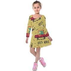 Childish Seamless Pattern With Dino Driver Kids  Long Sleeve Velvet Dress