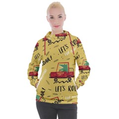 Childish Seamless Pattern With Dino Driver Women s Hooded Pullover by Vaneshart