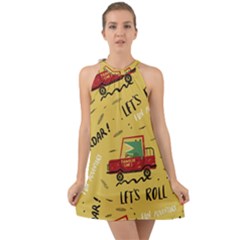 Childish Seamless Pattern With Dino Driver Halter Tie Back Chiffon Dress by Vaneshart