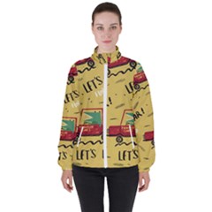 Childish Seamless Pattern With Dino Driver Women s High Neck Windbreaker by Vaneshart