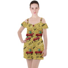 Childish Seamless Pattern With Dino Driver Ruffle Cut Out Chiffon Playsuit by Vaneshart