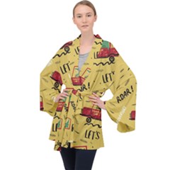 Childish Seamless Pattern With Dino Driver Long Sleeve Velvet Kimono  by Vaneshart