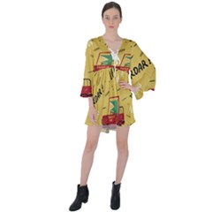 Childish Seamless Pattern With Dino Driver V-neck Flare Sleeve Mini Dress by Vaneshart