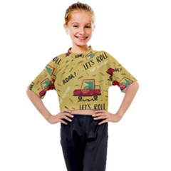 Childish Seamless Pattern With Dino Driver Kids Mock Neck Tee