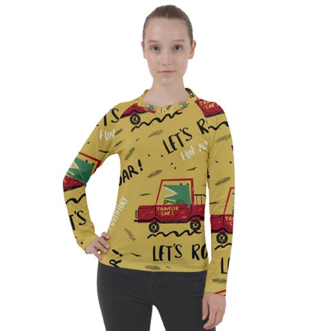 Childish Seamless Pattern With Dino Driver Women s Pique Long Sleeve Tee by Vaneshart