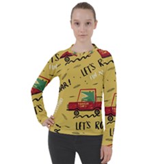 Childish Seamless Pattern With Dino Driver Women s Pique Long Sleeve Tee