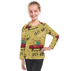 Childish Seamless Pattern With Dino Driver Kids  Long Mesh Tee