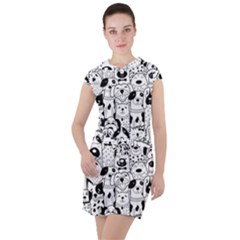 Seamless Pattern With Black White Doodle Dogs Drawstring Hooded Dress by Vaneshart