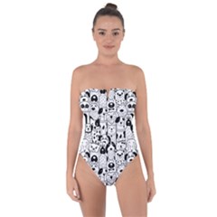 Seamless Pattern With Black White Doodle Dogs Tie Back One Piece Swimsuit by Vaneshart