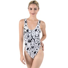 Seamless Pattern With Black White Doodle Dogs High Leg Strappy Swimsuit by Vaneshart