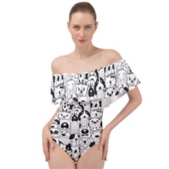 Seamless Pattern With Black White Doodle Dogs Off Shoulder Velour Bodysuit  by Vaneshart