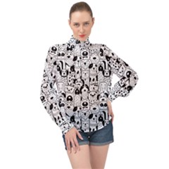 Seamless Pattern With Black White Doodle Dogs High Neck Long Sleeve Chiffon Top by Vaneshart