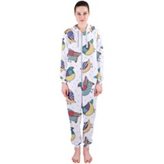 Seamless Pattern With Hand Drawn Bird Black Hooded Jumpsuit (ladies) 