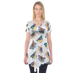 Seamless Pattern With Hand Drawn Bird Black Short Sleeve Tunic  by Vaneshart