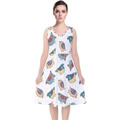 Seamless Pattern With Hand Drawn Bird Black V-neck Midi Sleeveless Dress  by Vaneshart