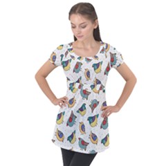 Seamless Pattern With Hand Drawn Bird Black Puff Sleeve Tunic Top by Vaneshart