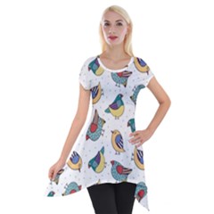 Seamless Pattern With Hand Drawn Bird Black Short Sleeve Side Drop Tunic by Vaneshart