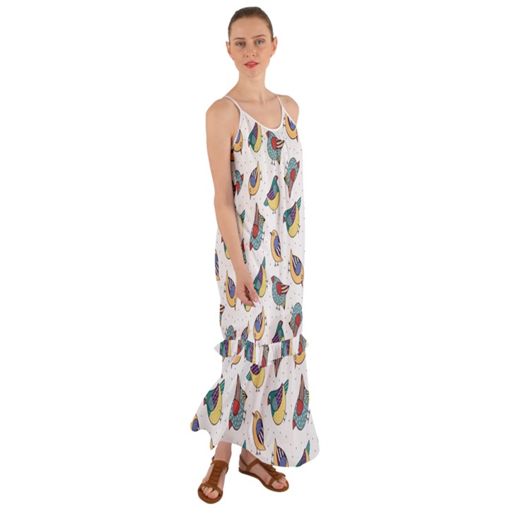 Seamless Pattern With Hand Drawn Bird Black Cami Maxi Ruffle Chiffon Dress