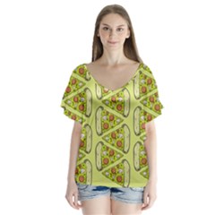 Pizza Fast Food Pattern Seamles Design Background V-neck Flutter Sleeve Top by Vaneshart