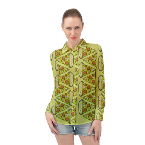 Pizza Fast Food Pattern Seamles Design Background Long Sleeve Chiffon Shirt by Vaneshart