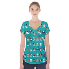 Different Type Vector Cartoon Dog Faces Short Sleeve Front Detail Top by Vaneshart