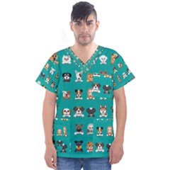 Different Type Vector Cartoon Dog Faces Men s V-neck Scrub Top