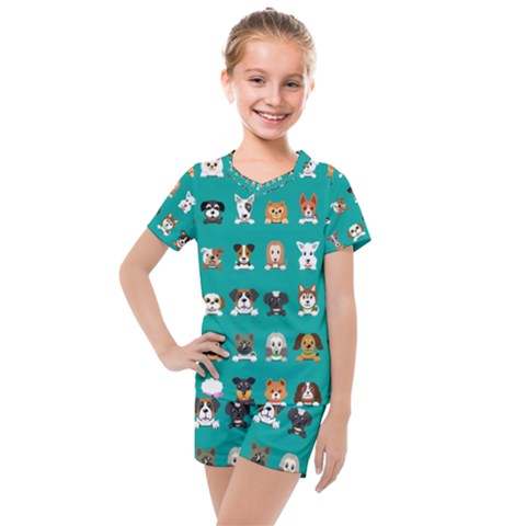 Different Type Vector Cartoon Dog Faces Kids  Mesh Tee And Shorts Set by Vaneshart