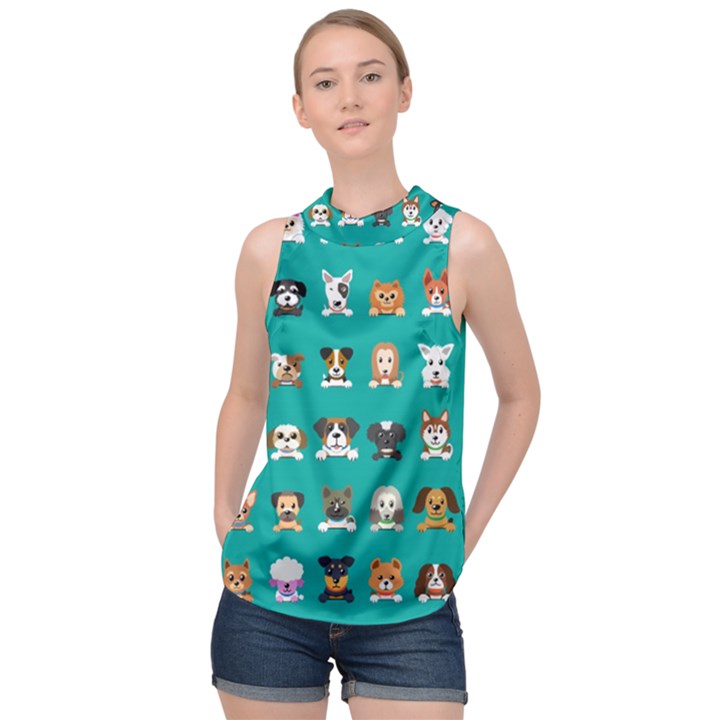 Different Type Vector Cartoon Dog Faces High Neck Satin Top