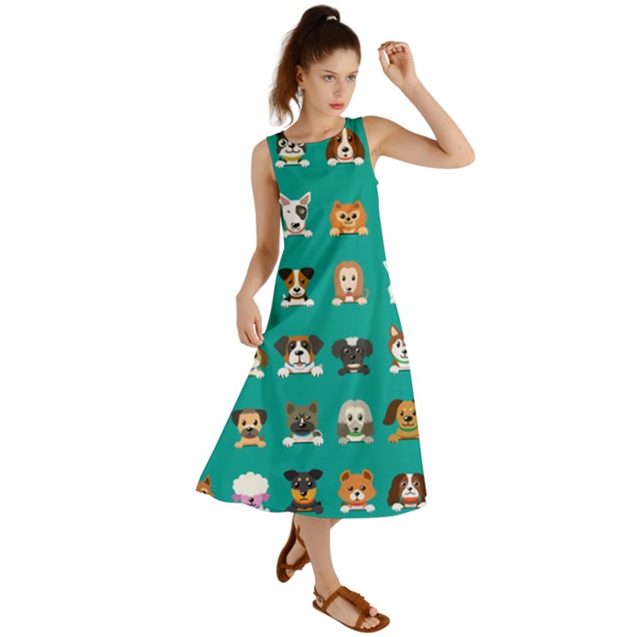 Different Type Vector Cartoon Dog Faces Summer Maxi Dress