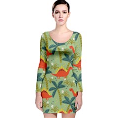 Cute Colorful Dinosaur Seamless Pattern Long Sleeve Velvet Bodycon Dress by Vaneshart