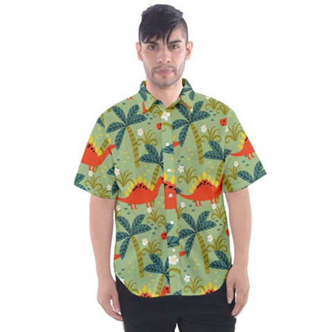 Cute Colorful Dinosaur Seamless Pattern Men s Short Sleeve Shirt by Vaneshart