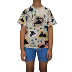 Seamless Pattern With Dinosaurs Silhouette Kids  Short Sleeve Swimwear