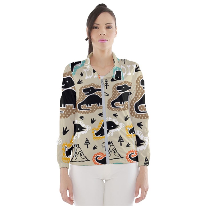 Seamless Pattern With Dinosaurs Silhouette Women s Windbreaker