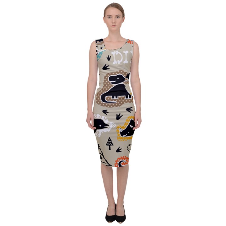 Seamless Pattern With Dinosaurs Silhouette Sleeveless Pencil Dress