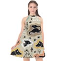 Seamless Pattern With Dinosaurs Silhouette Halter Neckline Chiffon Dress  View1