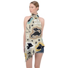 Seamless Pattern With Dinosaurs Silhouette Halter Asymmetric Satin Top by Vaneshart