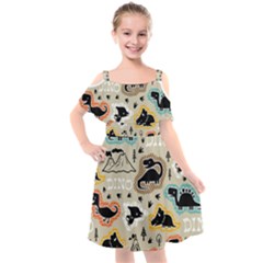 Seamless Pattern With Dinosaurs Silhouette Kids  Cut Out Shoulders Chiffon Dress by Vaneshart