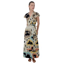 Seamless Pattern With Dinosaurs Silhouette Flutter Sleeve Maxi Dress