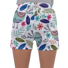 Floral Pattern With Birds Flowers Leaves Dark Background Sleepwear Shorts