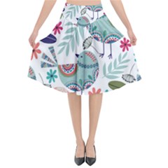 Floral Pattern With Birds Flowers Leaves Dark Background Flared Midi Skirt by Vaneshart