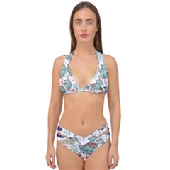 Floral Pattern With Birds Flowers Leaves Dark Background Double Strap Halter Bikini Set by Vaneshart