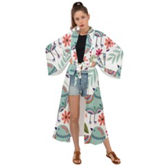 Floral Pattern With Birds Flowers Leaves Dark Background Maxi Kimono by Vaneshart