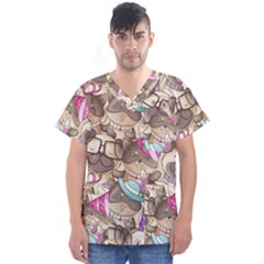 Hand Drawn Animal Pattern Dog Illustration Men s V-neck Scrub Top