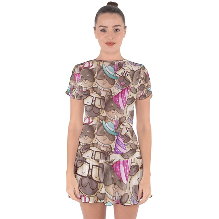 Hand Drawn Animal Pattern Dog Illustration Drop Hem Mini Chiffon Dress