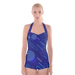 Classic Blue Background Abstract Style Boyleg Halter Swimsuit  by Vaneshart