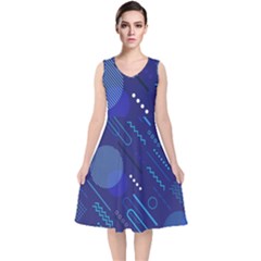 Classic Blue Background Abstract Style V-neck Midi Sleeveless Dress 