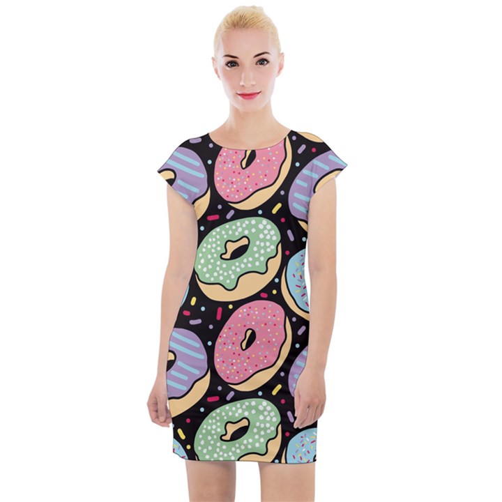 Colorful Donut Seamless Pattern On Black Vector Cap Sleeve Bodycon Dress