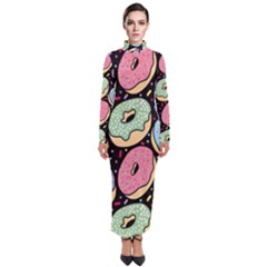 Colorful Donut Seamless Pattern On Black Vector Turtleneck Maxi Dress by Sobalvarro