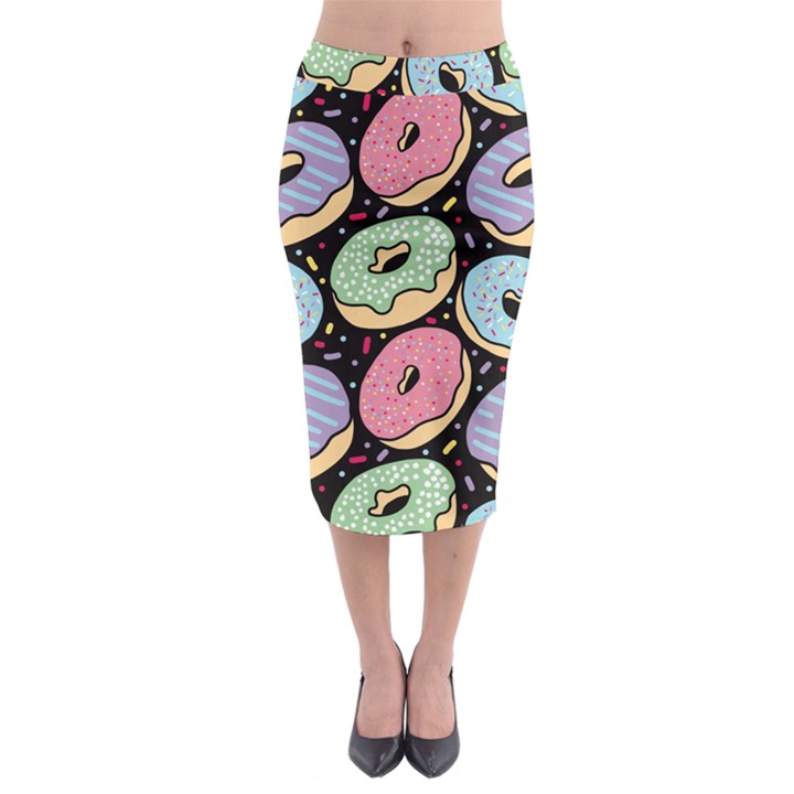 Colorful Donut Seamless Pattern On Black Vector Midi Pencil Skirt