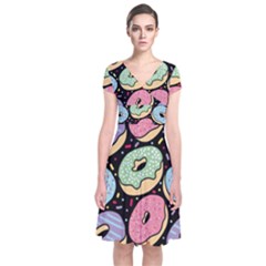 Colorful Donut Seamless Pattern On Black Vector Short Sleeve Front Wrap Dress by Sobalvarro